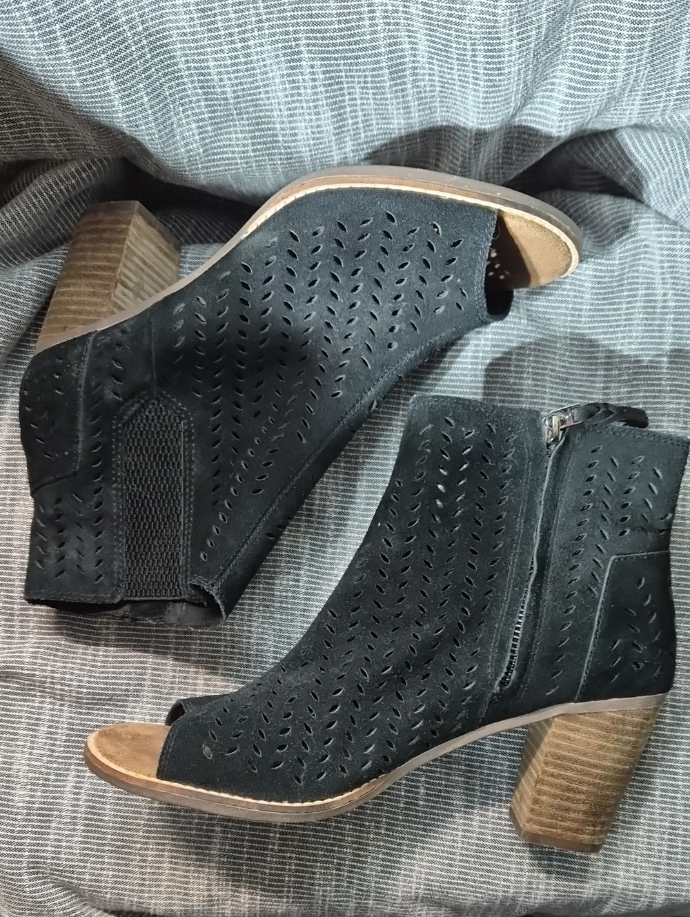 Toms Black Perforated Open-Toe Block Heel Booties